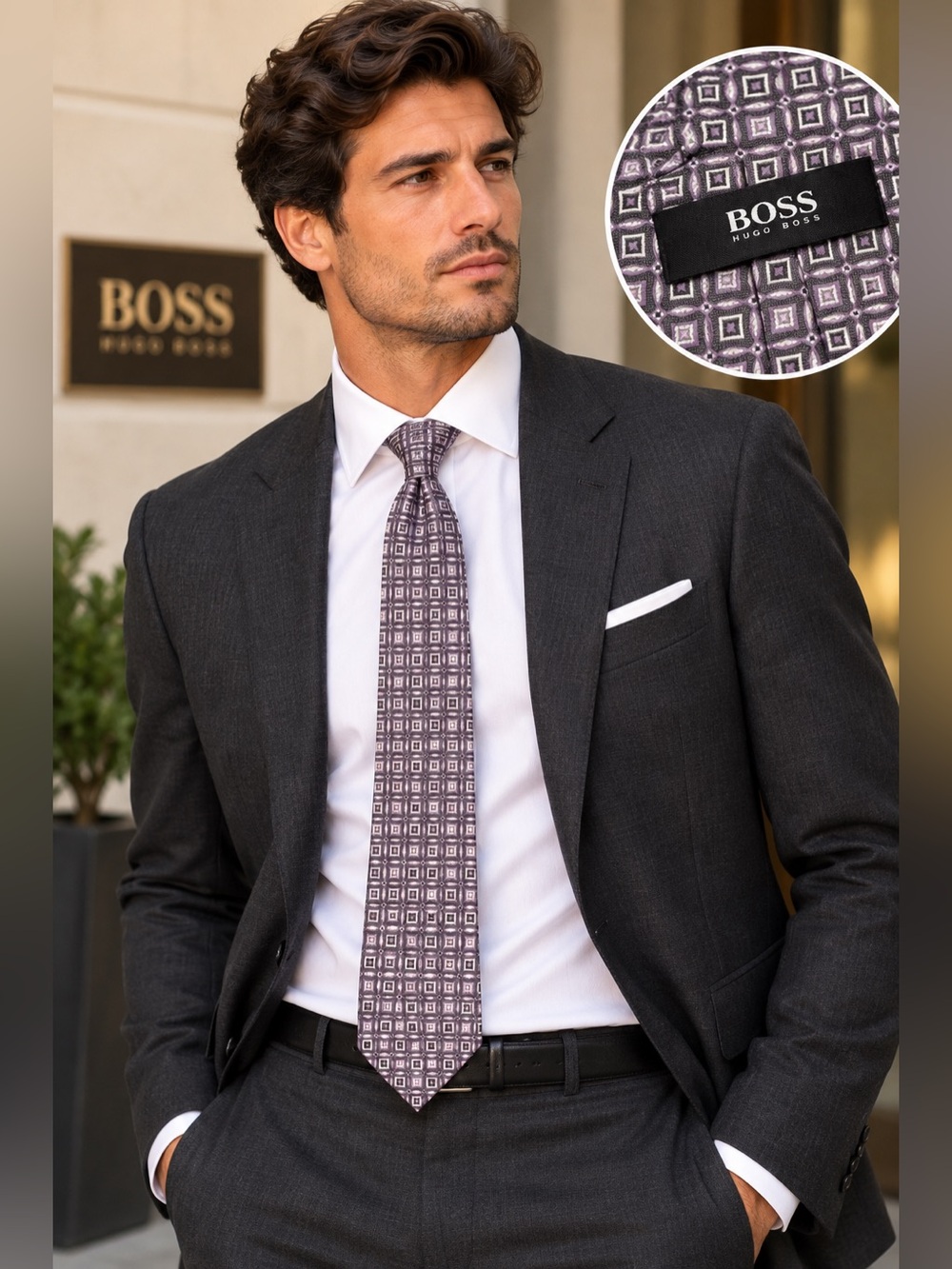 Hugo Boss Purple and Silver Geometric Silk Tie